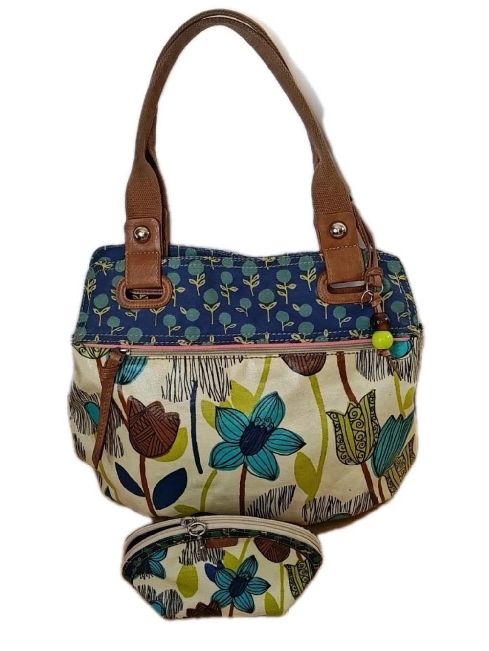 Vintage Fossil Retro Floral Coated Canvas Leather Tote Bucket Bag Matching Pouch
